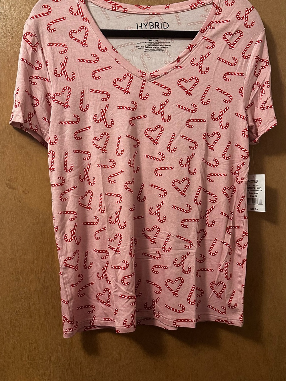 Hybrid Pink Tee with Red Candy Cane Print